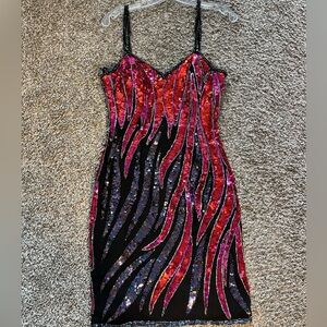 Vibrant Sequin Midi Dress - Pink and Black
